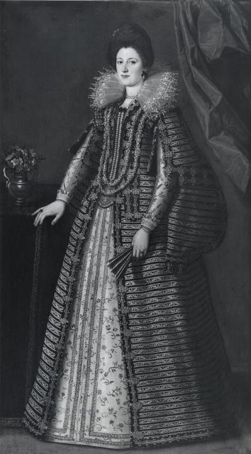 Anonimo — Painting, Flemish, 17th century. Sustermans, Justus 1597-1681. Full-length portrait of a lady of the Medici Court — insieme